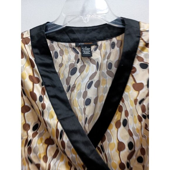 BCBGMaxazria Womens Wrap Blouse Size Medium Yellow Brown Abstract Satin Top - Picture 2 of 9